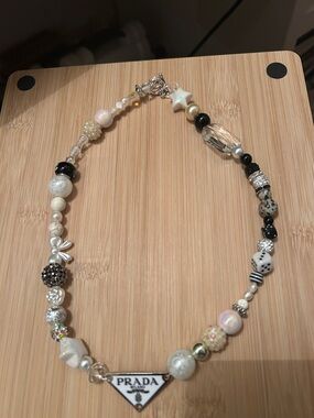 Upcycle Prada logo triangle Mixed Bead Necklace — Black, White & Pearl Accents